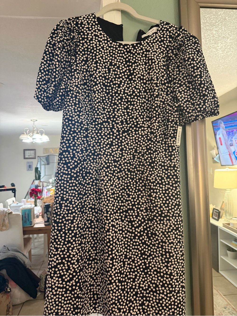 Lark & Ro Black Dress with White Polka Dots and Puff Sleeves